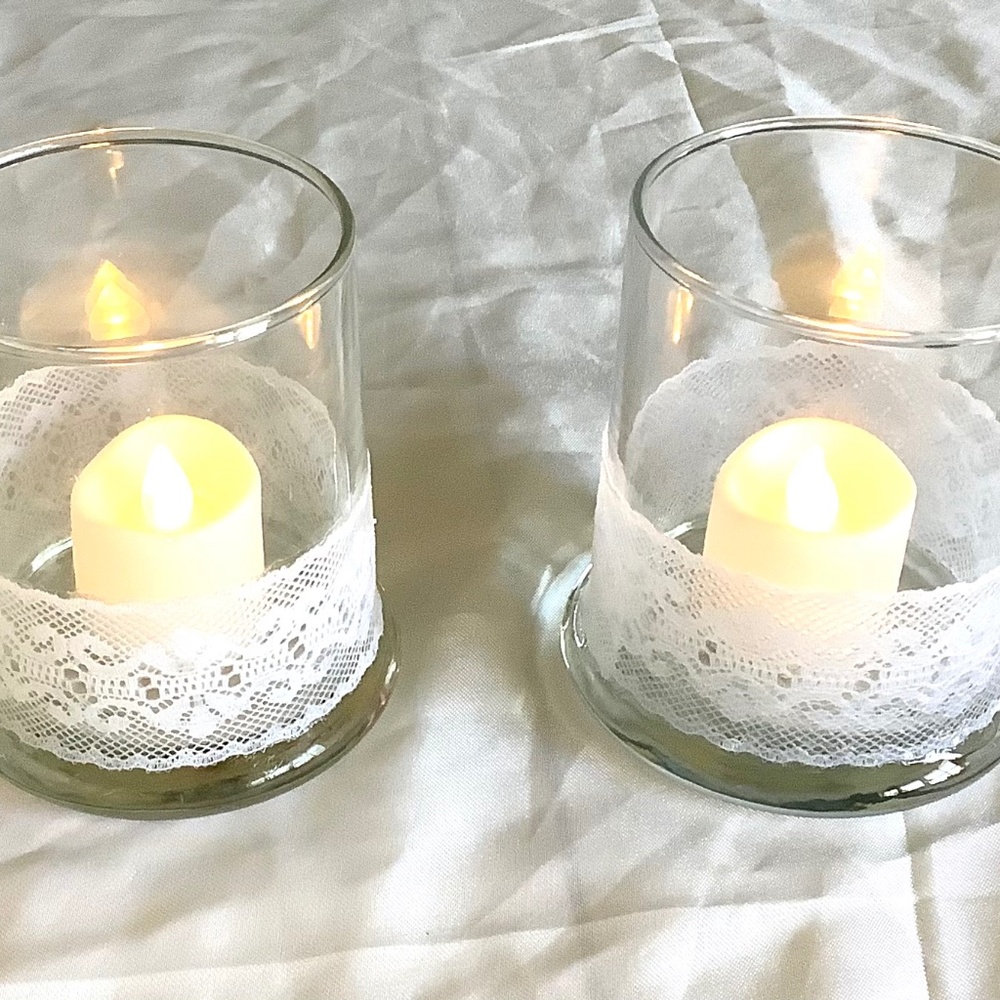 Set of 2 Rock glass votive candleholders embellished with white embroidered lace